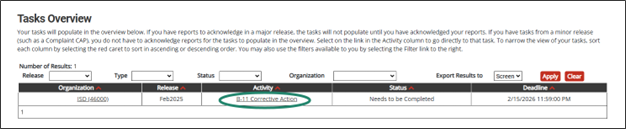 Tasks Overview shown with circle around B-11 Corrective Action link.