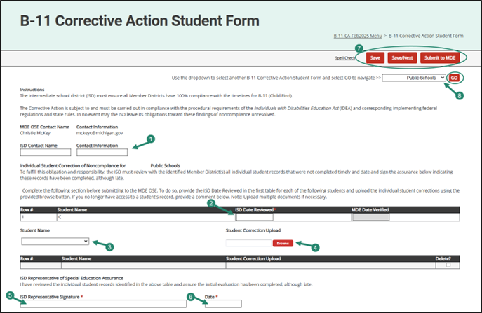 Steps to complete the B-11 CA Student Form.