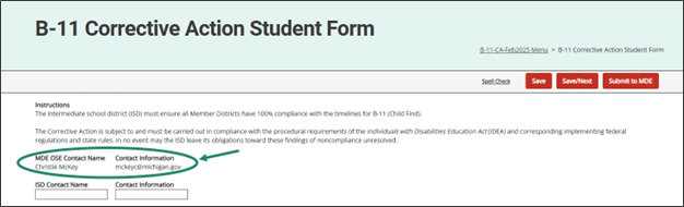 MDE OSE Contact Information on the B-11 Corrective Action Student Form.