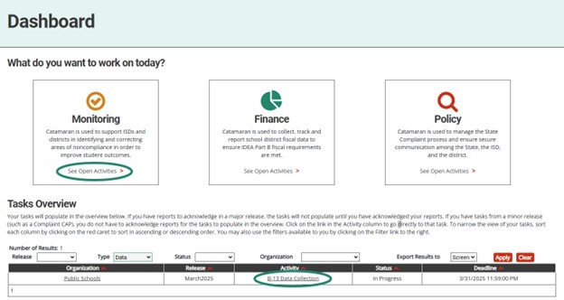 See Open Activities and B-13 Data Collection links emphasized on the Dashboard.