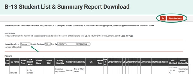 How to export results for the B-13 Student List & Summary Report Download.