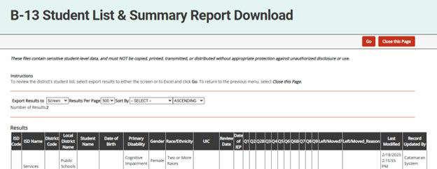 Screenshot of the B-13 Student List & Summary Report Download.