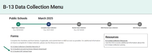 B-13 Student IEP Upload Page link on the B-13 Data Collection Menu.