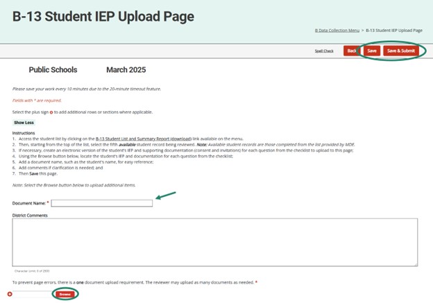 Steps to submit the B-13 Student IEP Upload Page.