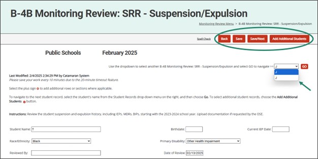 SRR page in the MR module with emphasis on the buttons and picking between different students.