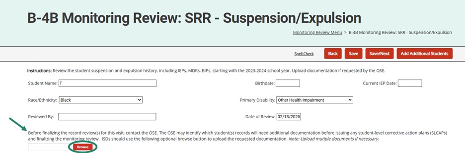 SRR page in the MR module, with emphasis on the Browse button to upload student documentation.