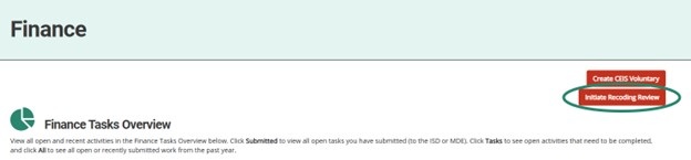 Finance Tasks Overview shown with circle around Initiate Recoding Review button.