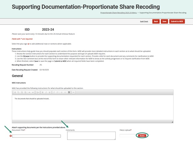 Supporting Documentation page with emphasis on Document Title, Comments, and Browse button.