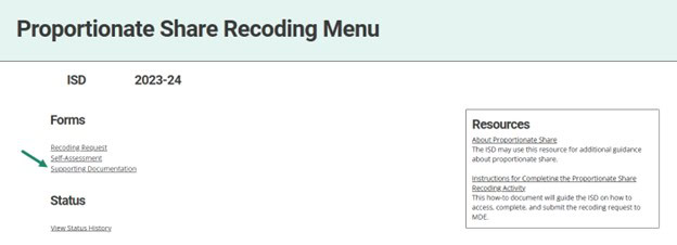 Prop Share Recoding Menu with emphasis on the Supporting Documentation link.