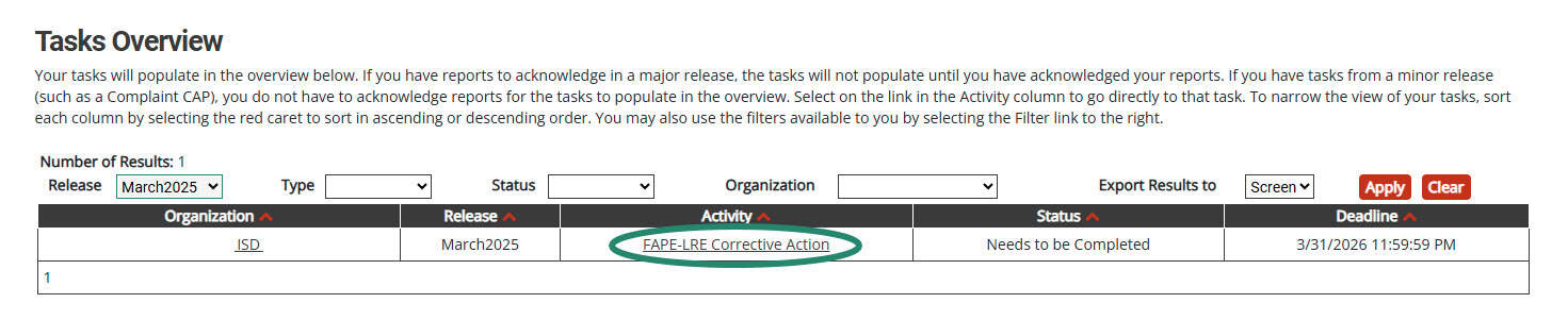 FAPE-LRE Corrective Action on the Tasks Overview.