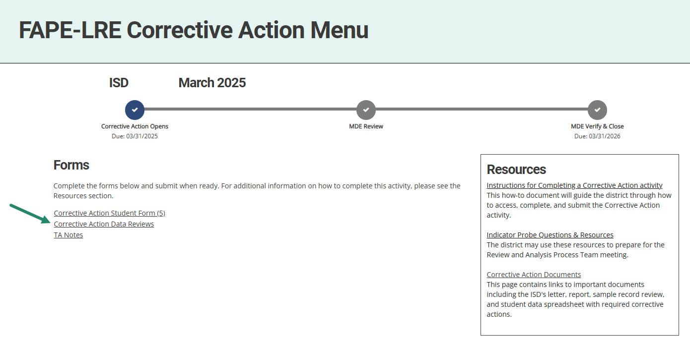 Corrective Action Data Reviews link on the FAPE-LRE Corrective Action Menu.