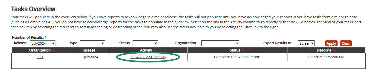 GSSG Activity circled on the Tasks Overview.
