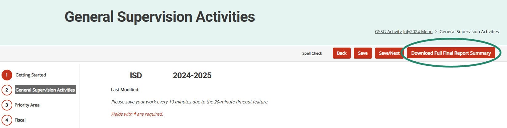 Download Full Final Report Summary button on the General Supervision Activities page.