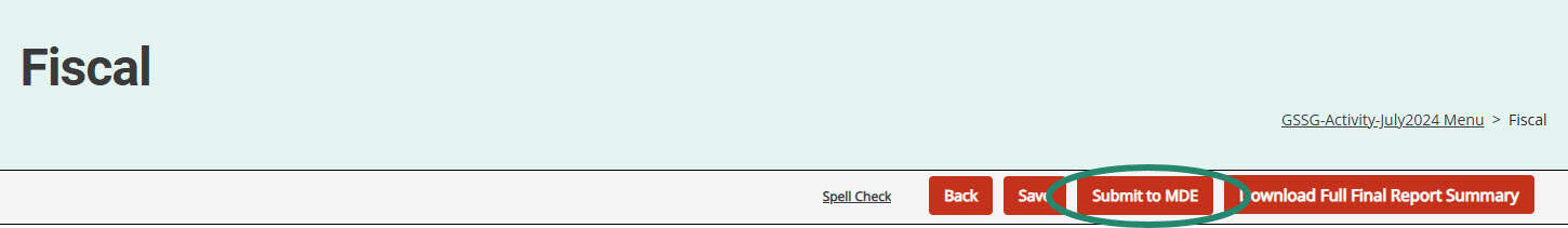 Submit to MDE button circled on the Fiscal page.