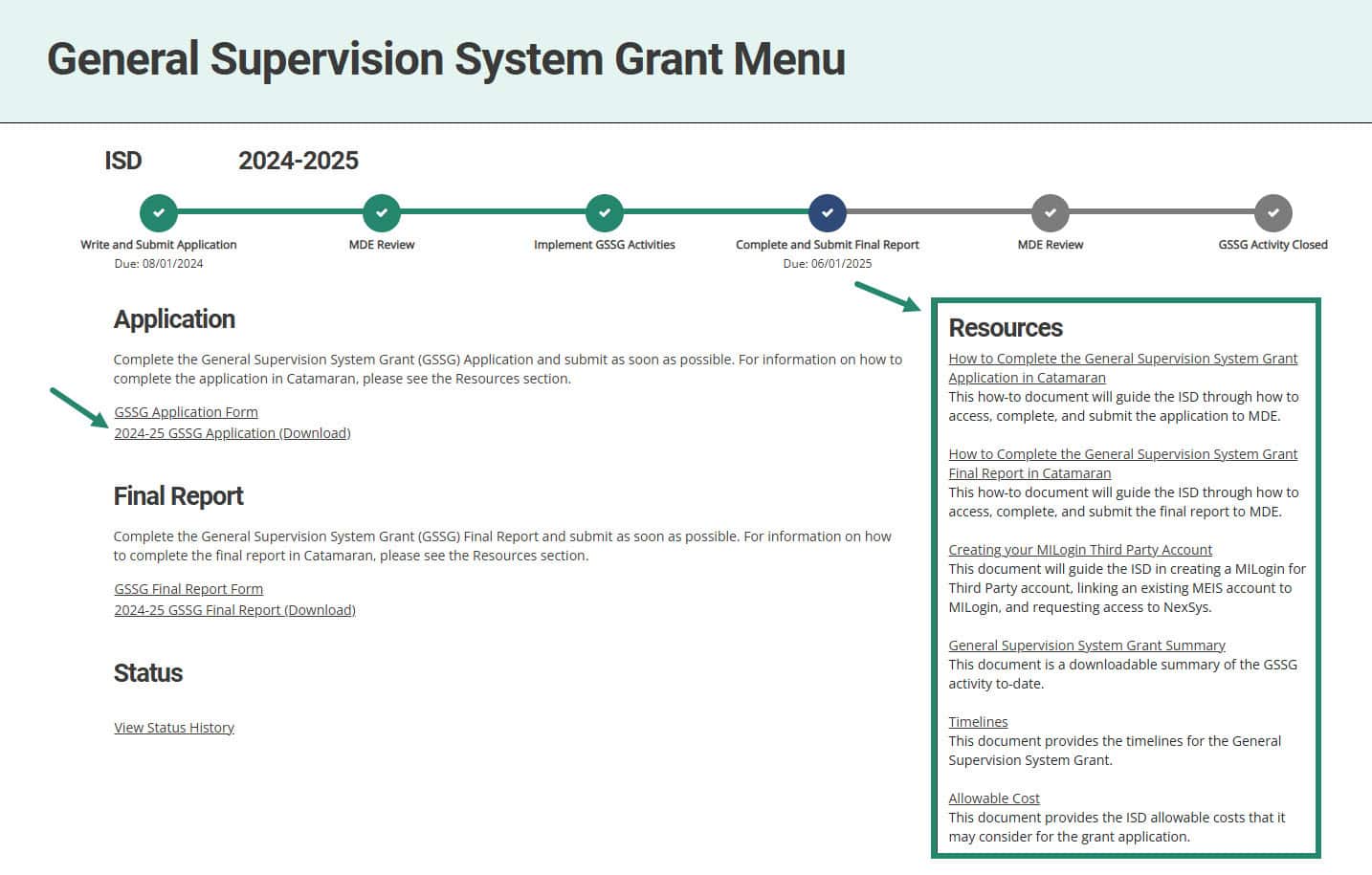 2024-25 GSSG Application (Download) link and Resources box highlighted.