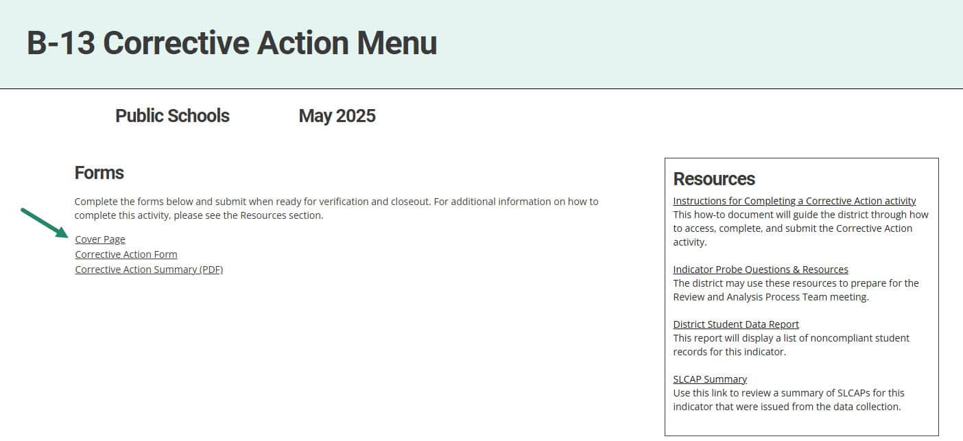 Cover Page link on the B-13 Corrective Action Menu.