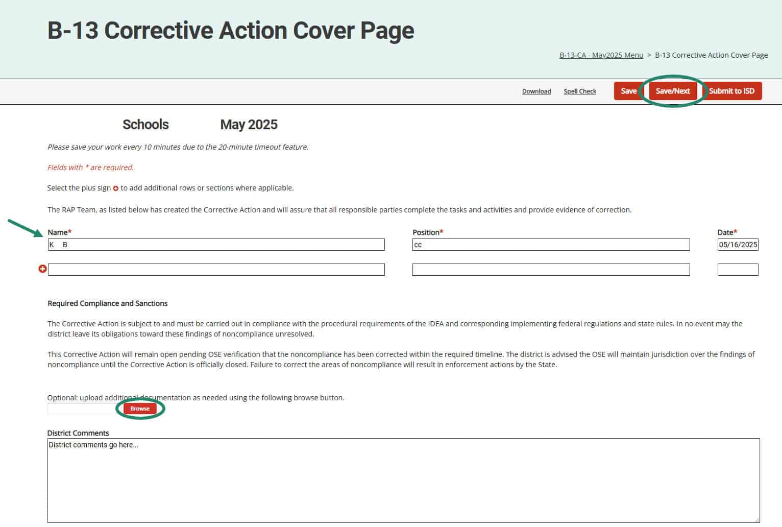 Name field, Browse and Save/Next buttons on the B-13 Corrective Action Cover Page.