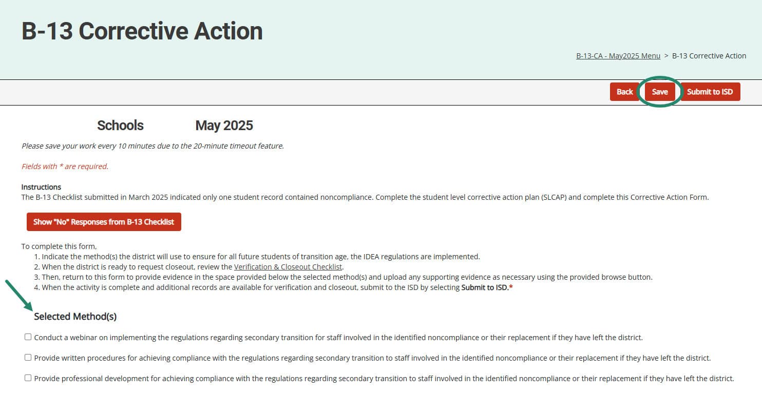 Selected Method section and Save button on the B-13 Corrective Action page.