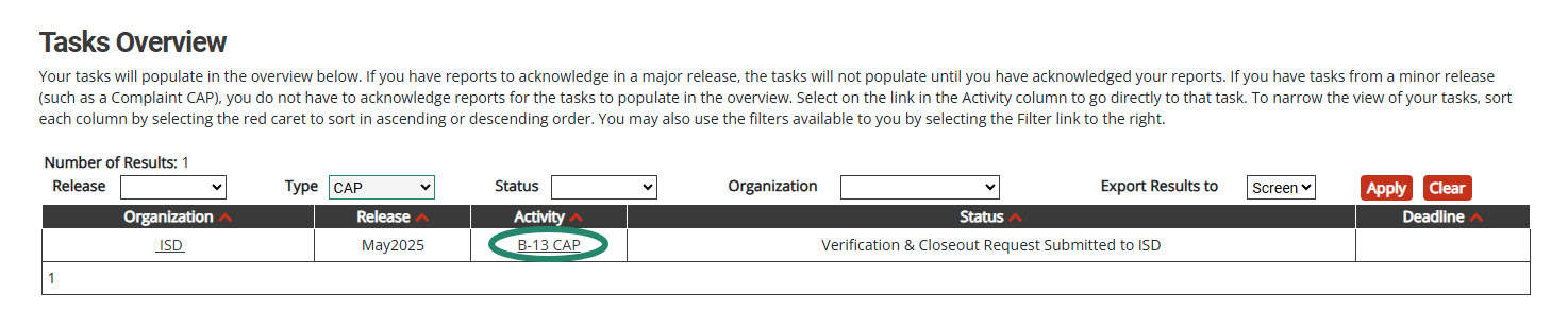 B-13 CAP on the Tasks Overview.