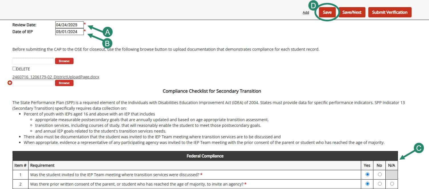 Review Date, Date of IEP, Yes, No, N/A, and Save buttons and fields.