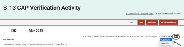 Drop-down selection and Go button emphasized on the B-13 CAP Verification Activity.