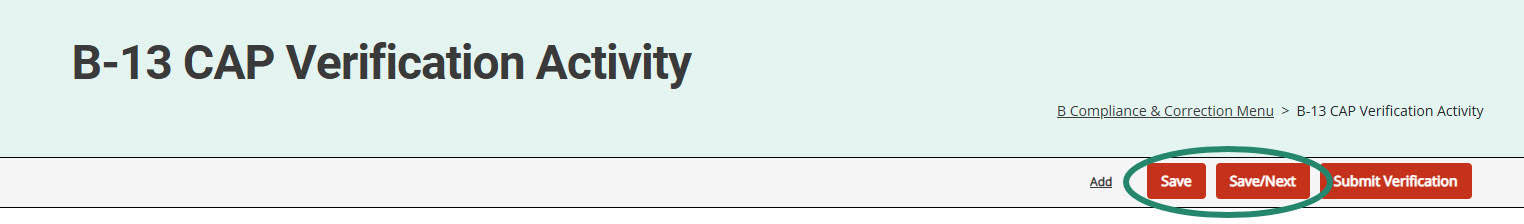 Save and Save/Next buttons on the B-13 CAP Verification Activity.
