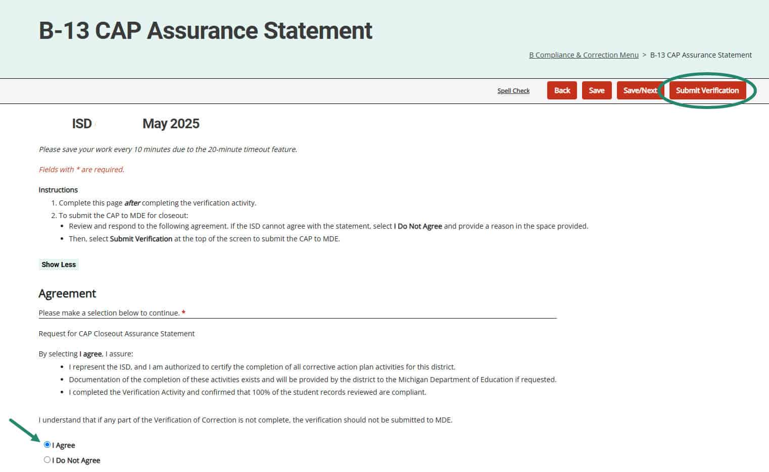 I Agree and Submit Verification buttons on the B-13 CAP Assurance Statement page.