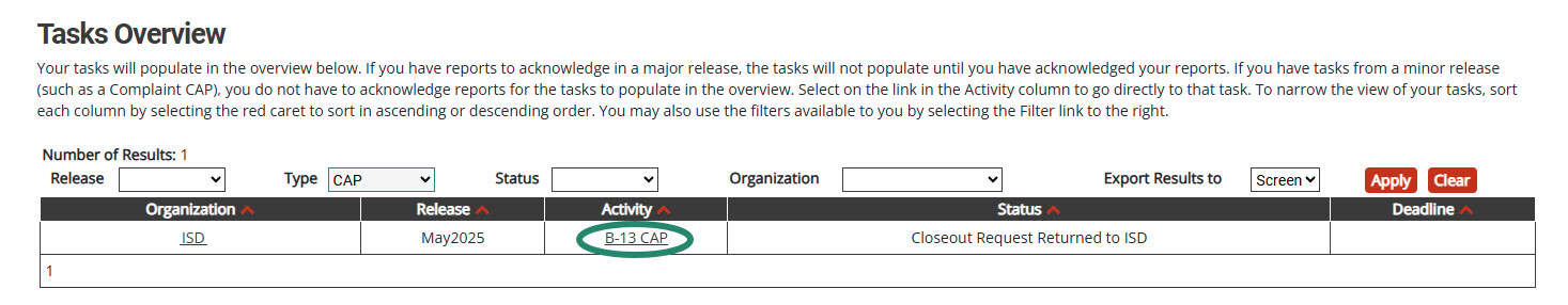 B-13 CAP link on the Tasks Overview.