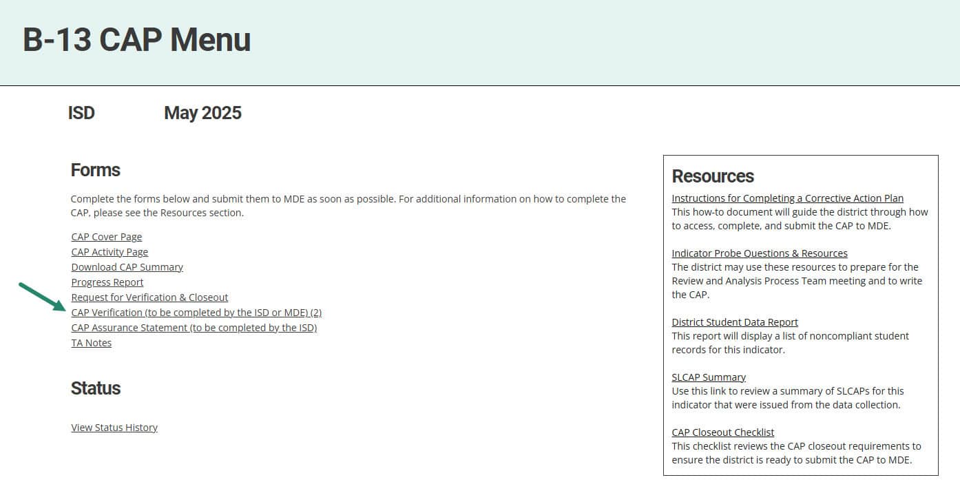 CAP Verification link on the B-13 CAP Menu.