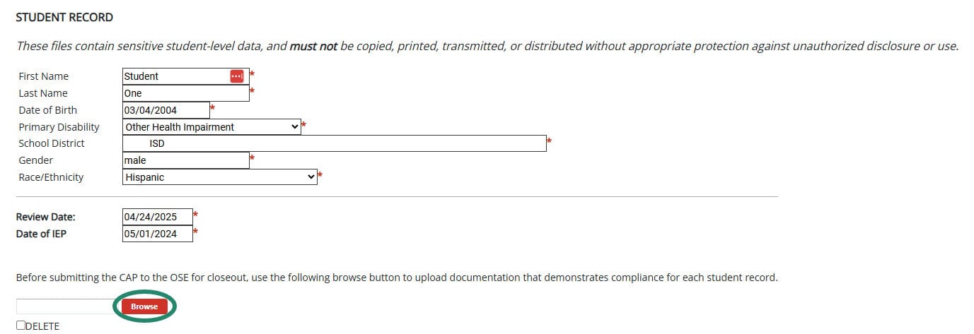 Browse button on the B-13 CAP Verification Activity page.