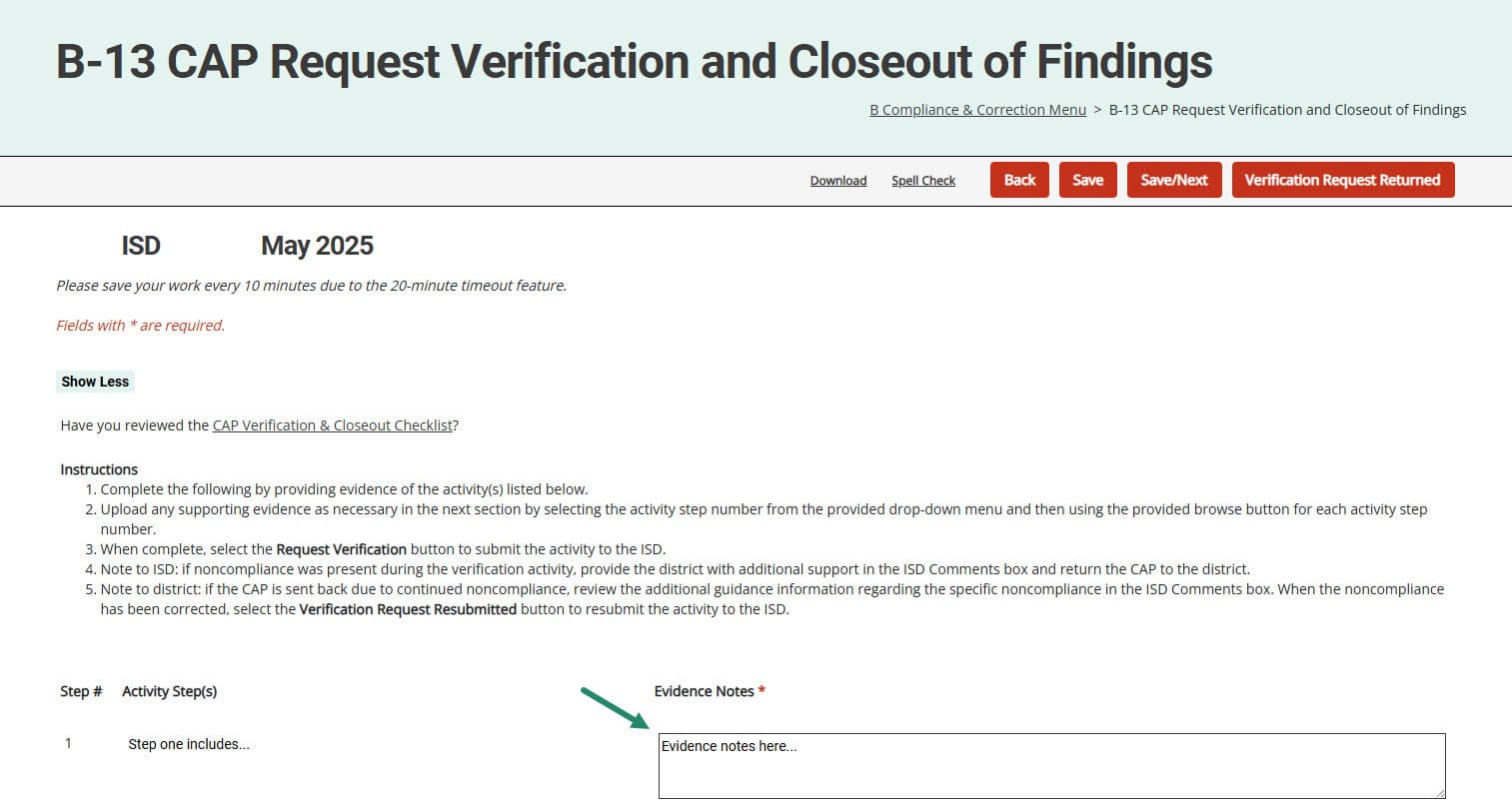 Evidence Notes box on the B-13 CAP Request Verification and Closeout of Findings page.