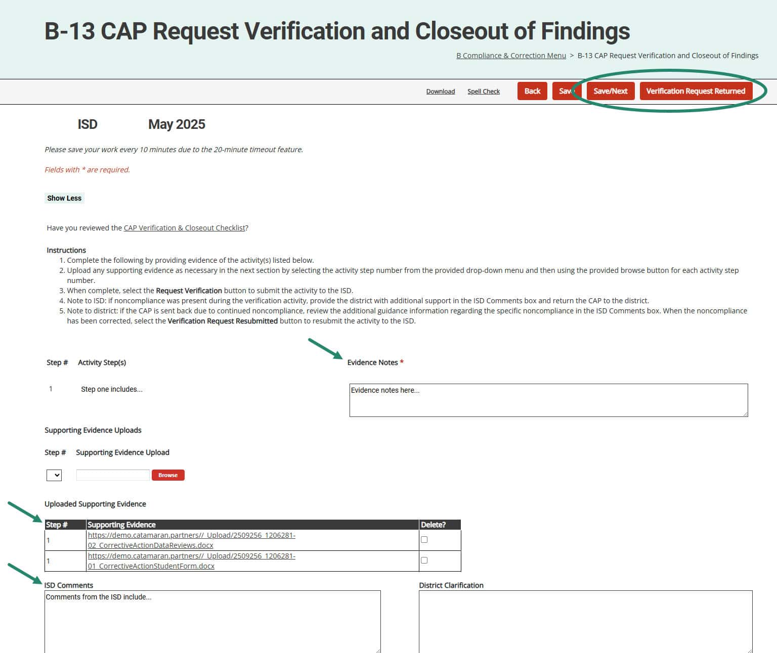 Evidence Notes, Uploaded Supporting Evidence, ISD Comments, and Save/Next, Verification Request Returned fields and buttons on the B-13 CAP Request Verification and Closeout of Findings page.