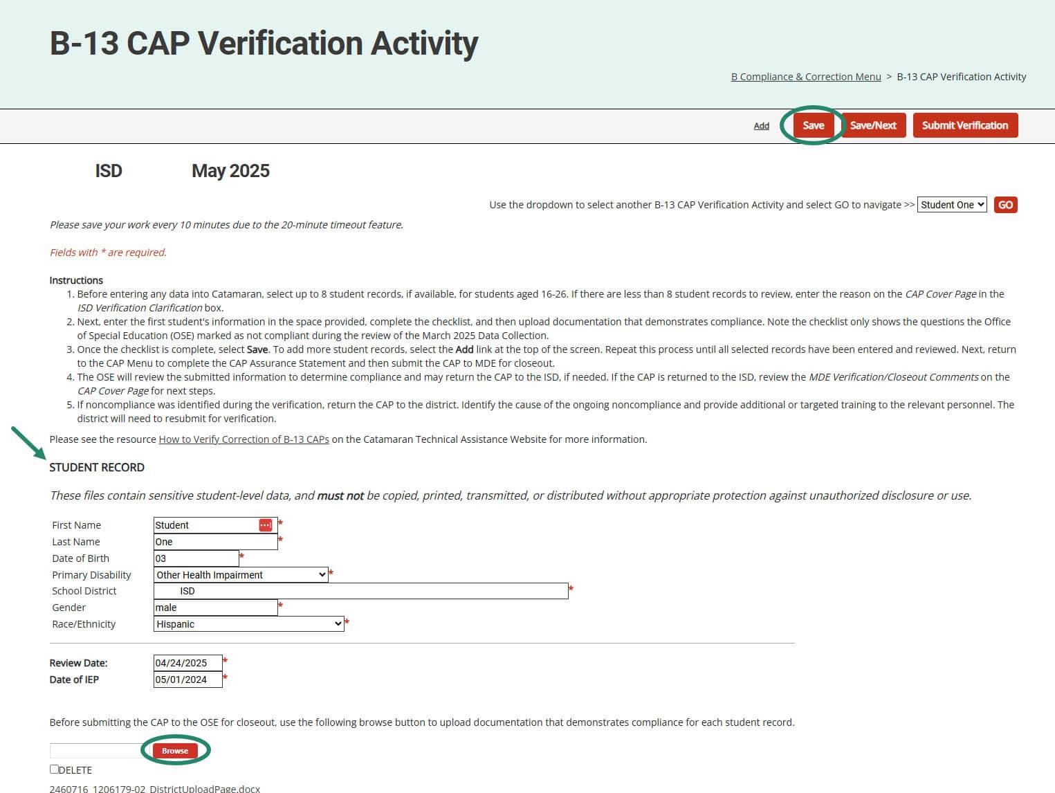 Student Record section and Browse button on the B-13 CAP Verification Activity.