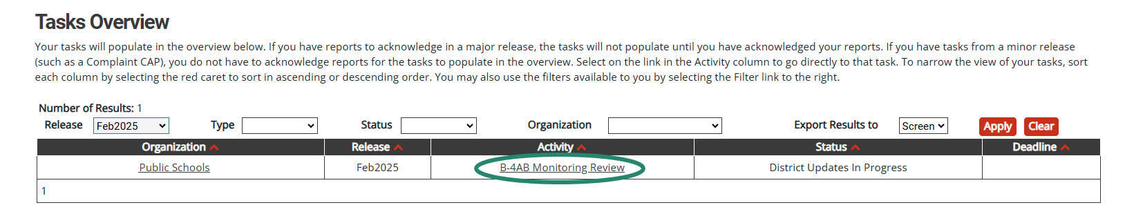 B-4AB Monitoring Review activity on the Tasks Overview.