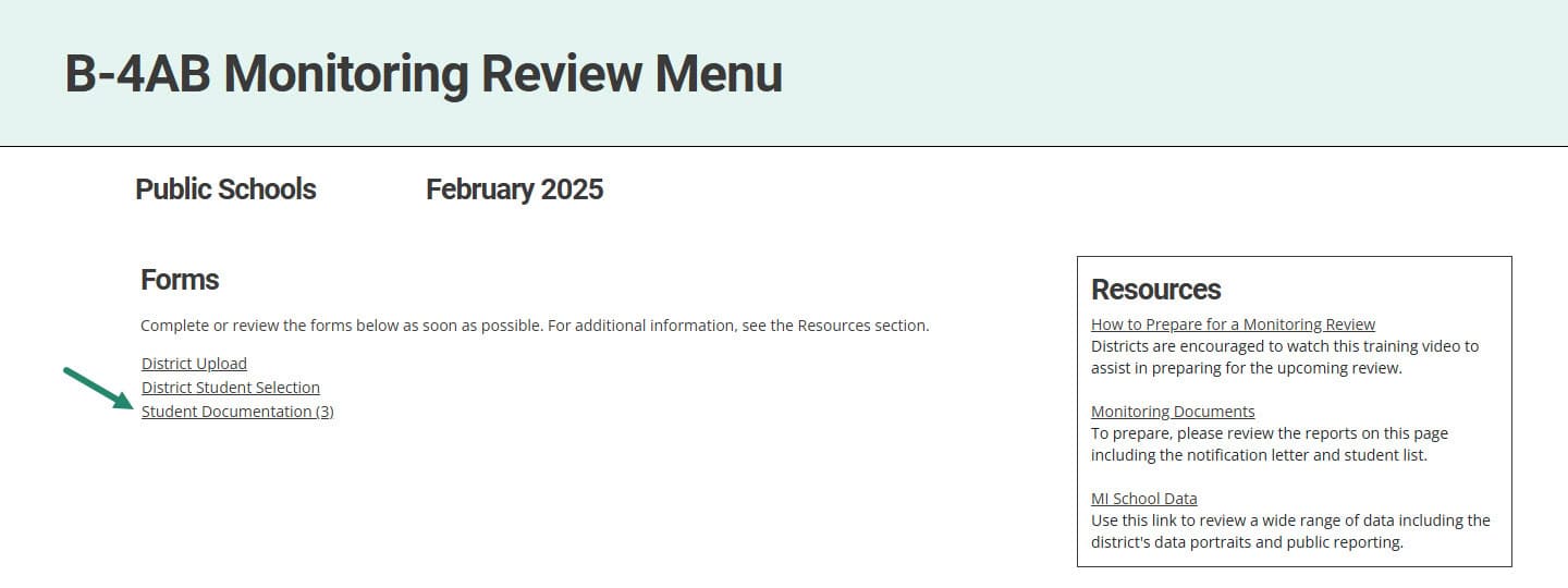 Student Documentation link on the Monitoring Review Menu.