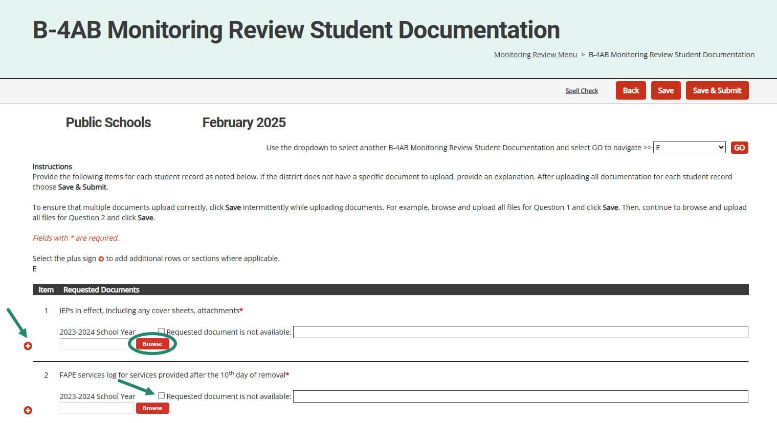 Plus sign, Browse button, Requested document is not available emphasized on the Monitoring Review Student Documentation page.