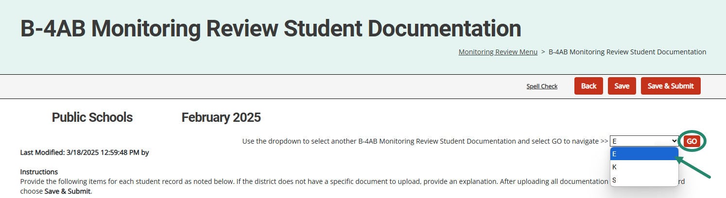 Dropdown option for students with circle around GO on the Monitoring Review Student Documentation page.