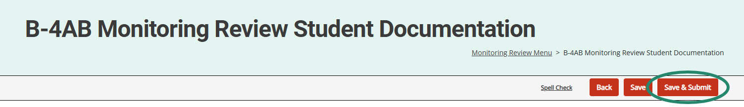 Save & Submit button on the Monitoring Review Student Documentation page.