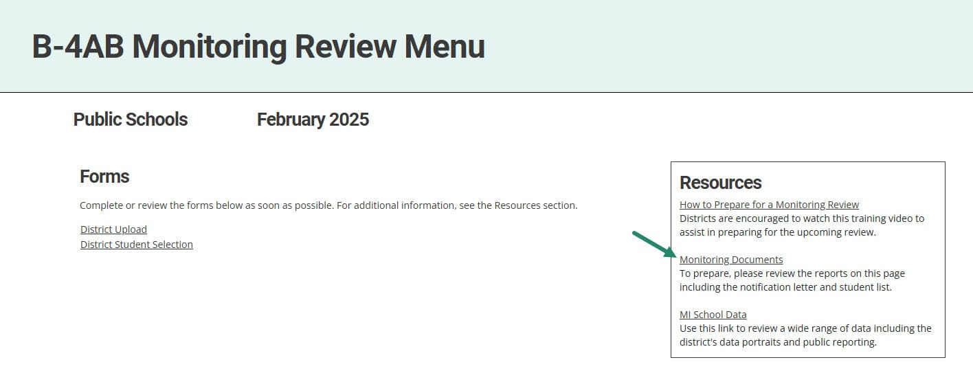Monitoring Documents link on the Monitoring Review Menu.