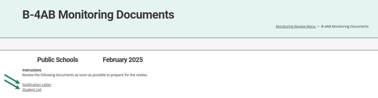 Notification Letter and Student List links on the Monitoring Documents page.