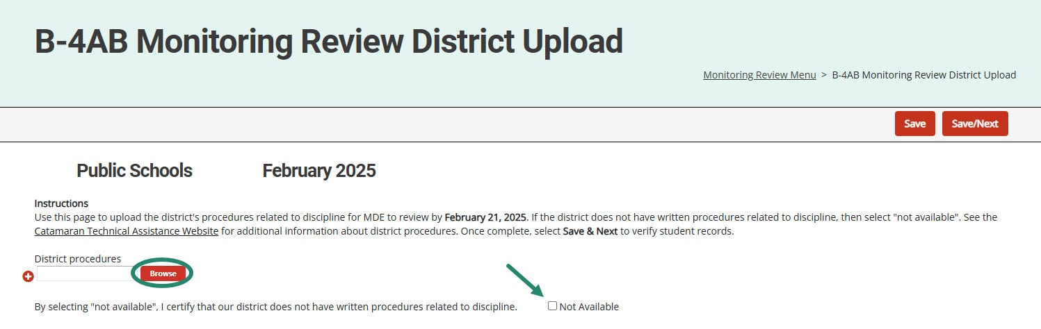 Browse button and Not Available selection on the Monitoring Review District Upload page.