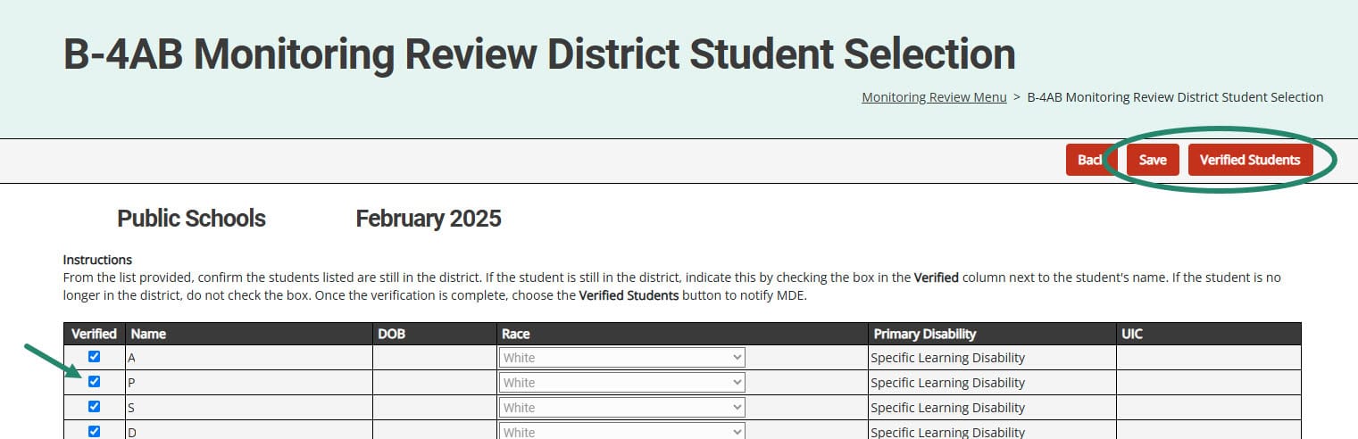 Verified checkbox selected and Save, Verified Students buttons circled on the Monitoring Review District Student Selection page.