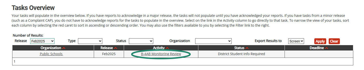 B-4AB Monitoring Review activity selected on the Tasks Overview.