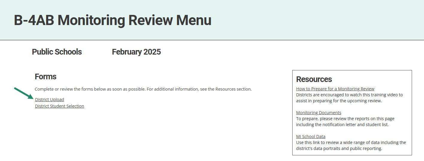 District Upload link on the Monitoring Review Menu.