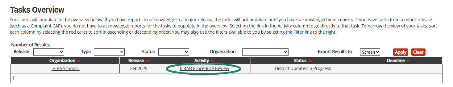 B-4AB Procedure Review circled on the Tasks Overview.