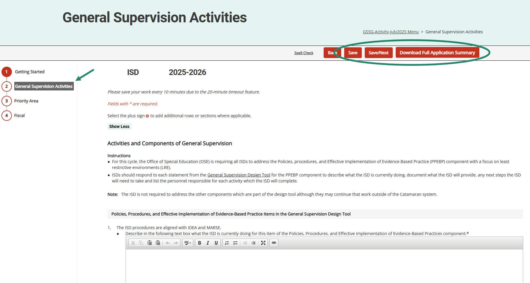 Left navigation and Save, Save/Next, and Download Full Application Summary buttons emphasized.