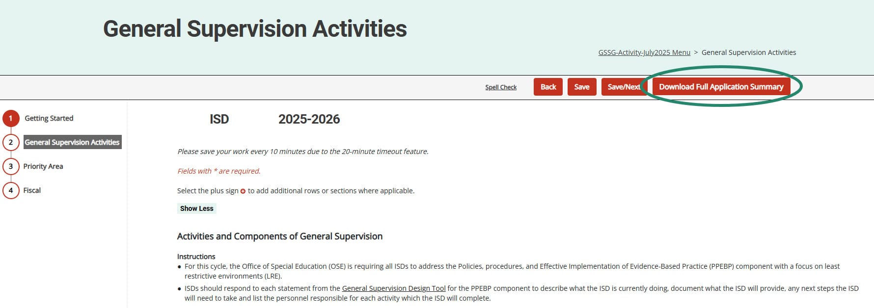 Download Full Summary button circled on the General Supervision Activities page.