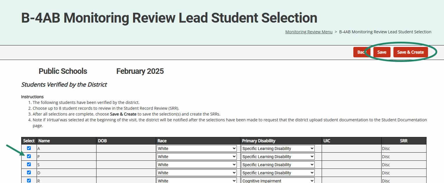 Select box on the Monitoring Review Lead Student Selection with Save and Save & Create buttons circled.