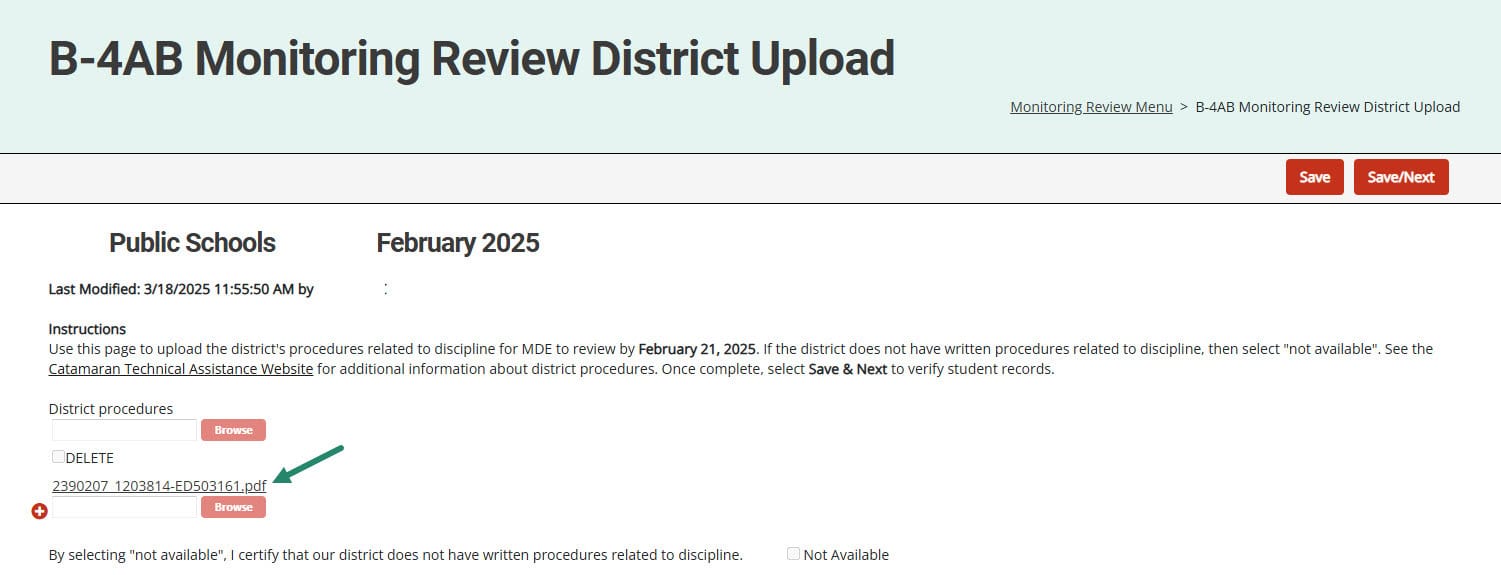 Link to uploaded district procedures on the Monitoring Review District Upload page.