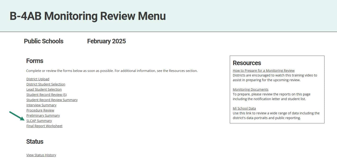 SLCAP Summary link on the Monitoring Review Menu.
